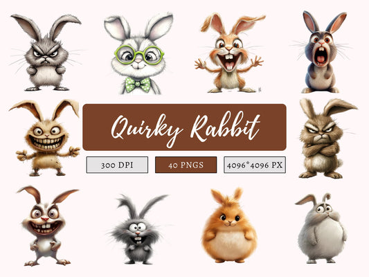 Quirky Rabbit Clipart png Bundle, Funny Rabbit Clipart, Funny Bunny Clipart, Bunny Clipart, Whimsical Bunny Clipart png, Bunnies Clipart