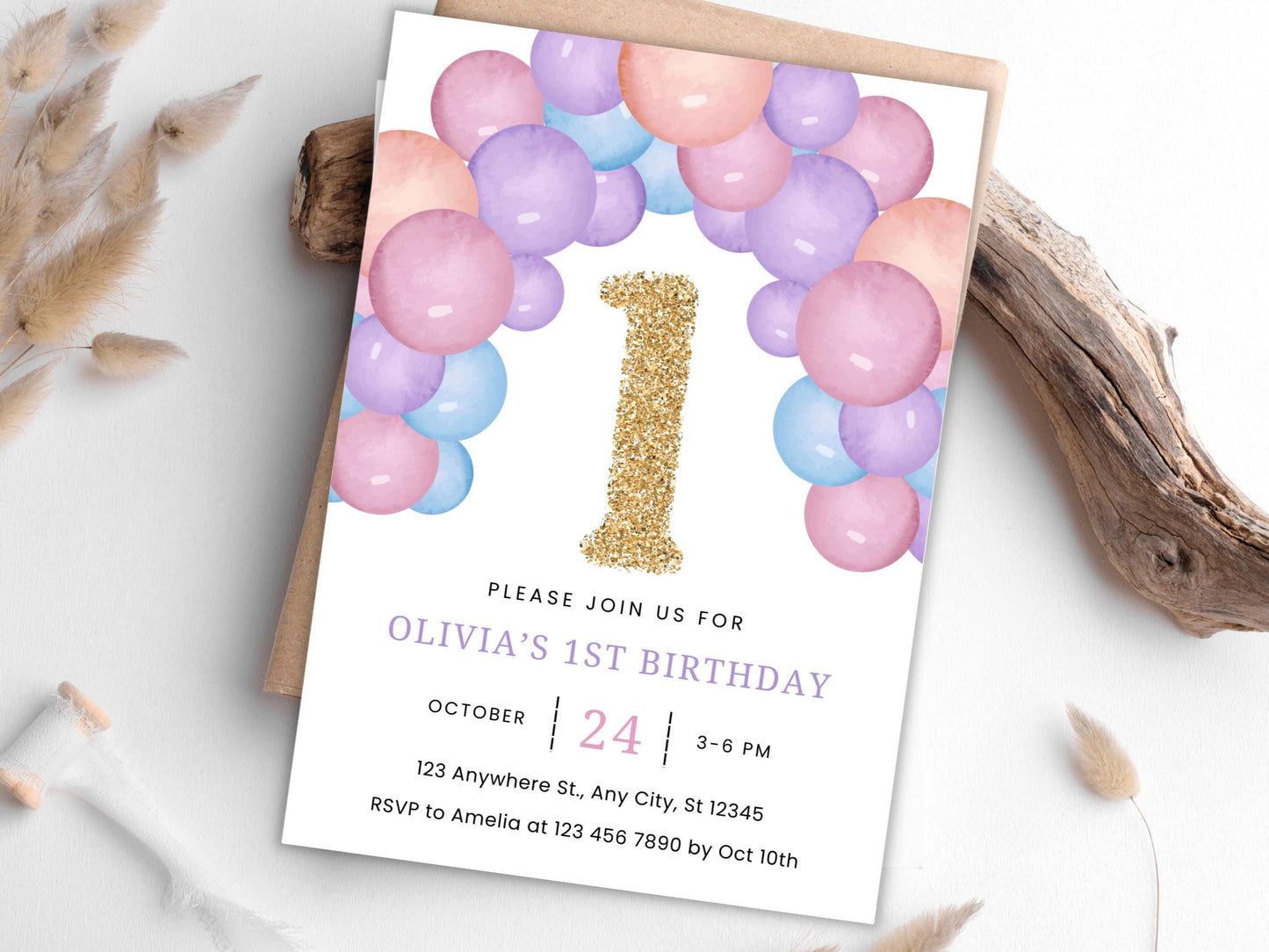 Minimalist 1st Birthday Invitation Template: Gold Number, Blush Balloons (Digital Download)