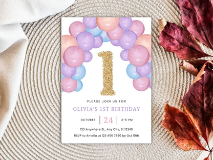 Minimalist 1st Birthday Invitation Template: Gold Number, Blush Balloons (Digital Download)