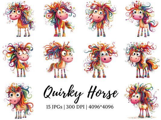 Quirky Horse Clipart png Bundle, Horse Clipart, Funny Horse Clipart, Quirky Animal Clipart, Animal Clipart, Watercolor Quirky Horse Clipart