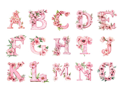 Floral Alphabet Clipart, Alphabet png Bundle, Flower Alphabet png, Watercolor Floral Alphabet Clipart, Floral Letter Monogram Clipart