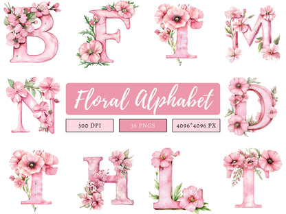 Floral Alphabet Clipart, Alphabet png Bundle, Flower Alphabet png, Watercolor Floral Alphabet Clipart, Floral Letter Monogram Clipart