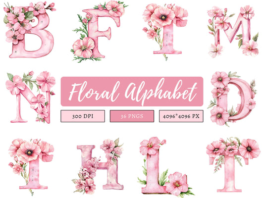 Floral Alphabet Clipart, Alphabet png Bundle, Flower Alphabet png, Watercolor Floral Alphabet Clipart, Floral Letter Monogram Clipart