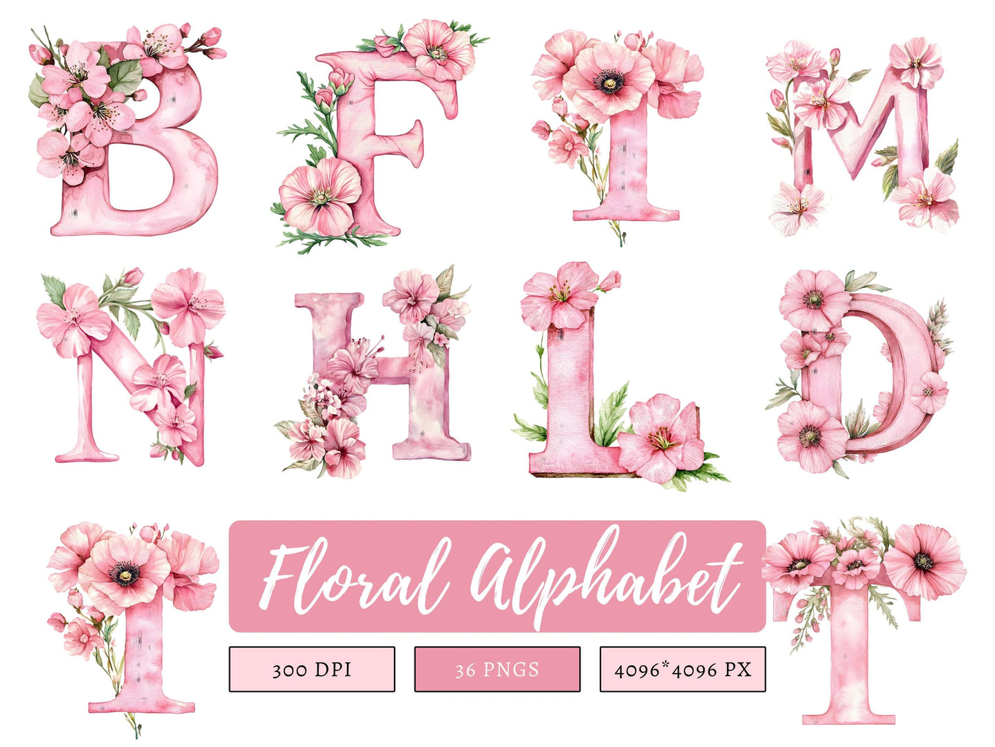 Floral Alphabet Clipart, Alphabet png Bundle, Flower Alphabet png, Watercolor Floral Alphabet Clipart, Floral Letter Monogram Clipart