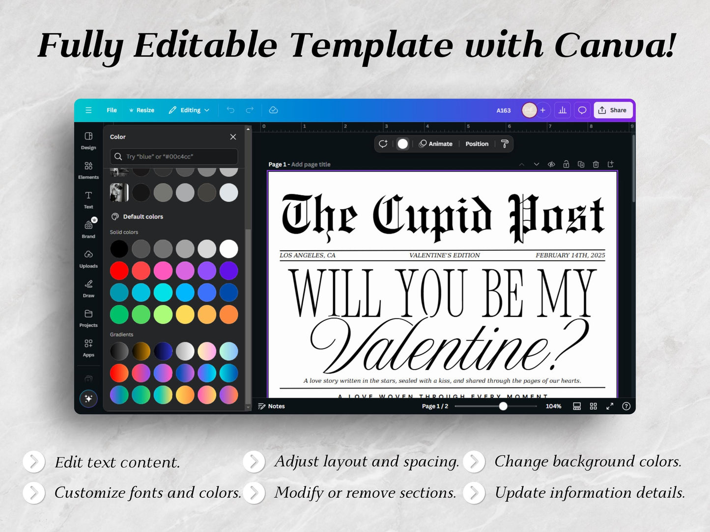 Valentine's Cupid Post Newspaper Template: Editable Canva Design (Digital Download)