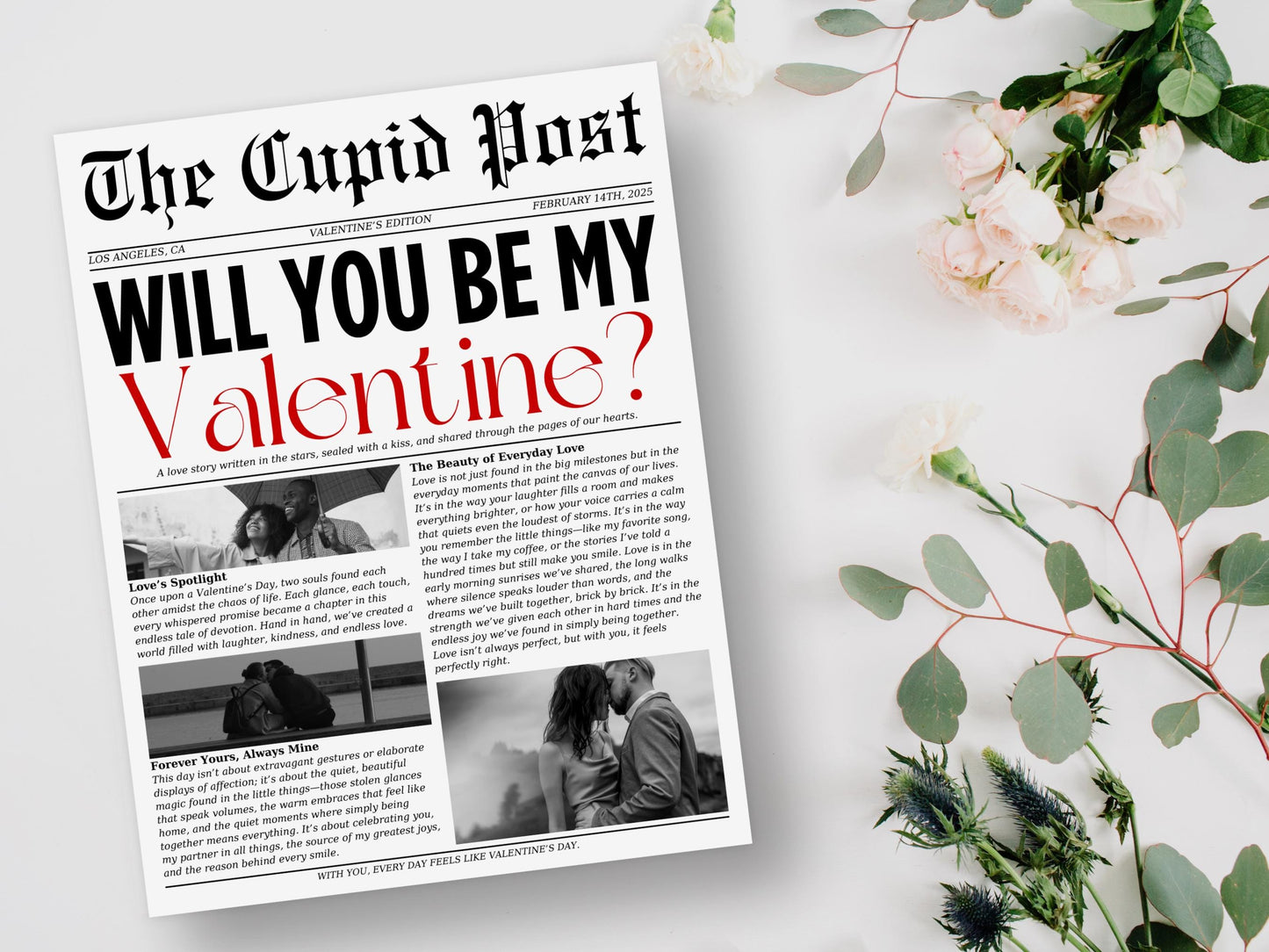 Valentine Cupid Post Newspaper Template: Editable Canva Design (Digital Download)