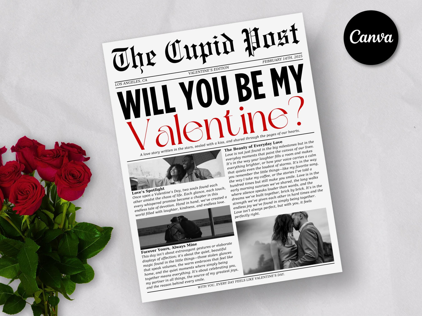 Valentine Cupid Post Newspaper Template: Editable Canva Design (Digital Download)