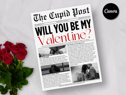 Valentine Cupid Post Newspaper Template: Editable Canva Design (Digital Download)