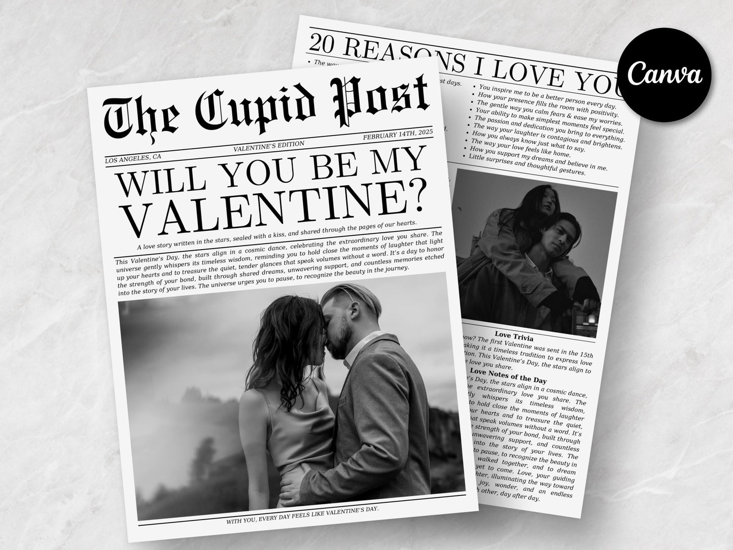 Valentine's Day Newspaper Template: Cupid Post, Editable Canva Design (Instant Download)