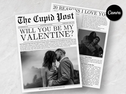 Valentine's Day Newspaper Template: Cupid Post, Editable Canva Design (Instant Download)
