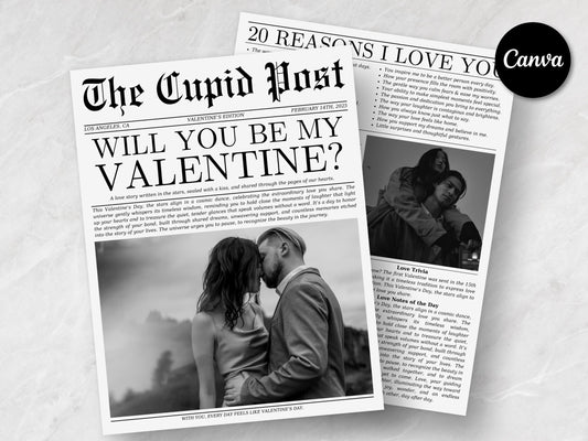 Valentine's Day Newspaper Template: Cupid Post, Editable Canva Design (Instant Download)