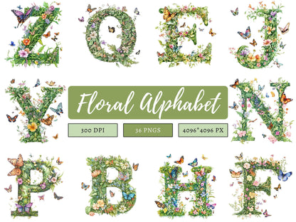 Watercolor Floral Alphabet Collection Clipart, Spring Floral Alphabet Clipart, Floral Letter Clipart, Alphabet Clipart, Milestone Clipart