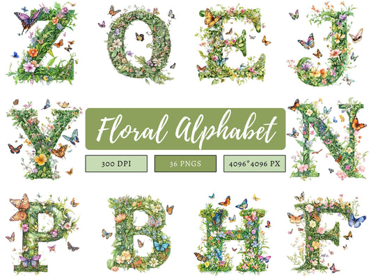 Watercolor Floral Alphabet Collection Clipart, Spring Floral Alphabet Clipart, Floral Letter Clipart, Alphabet Clipart, Milestone Clipart