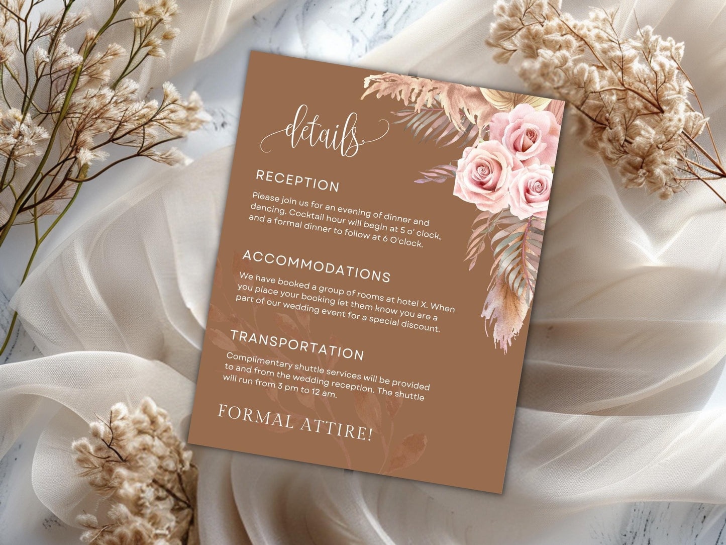 Pink Rose Wedding Invitation Template with RSVP and QR Code (Digital Download)