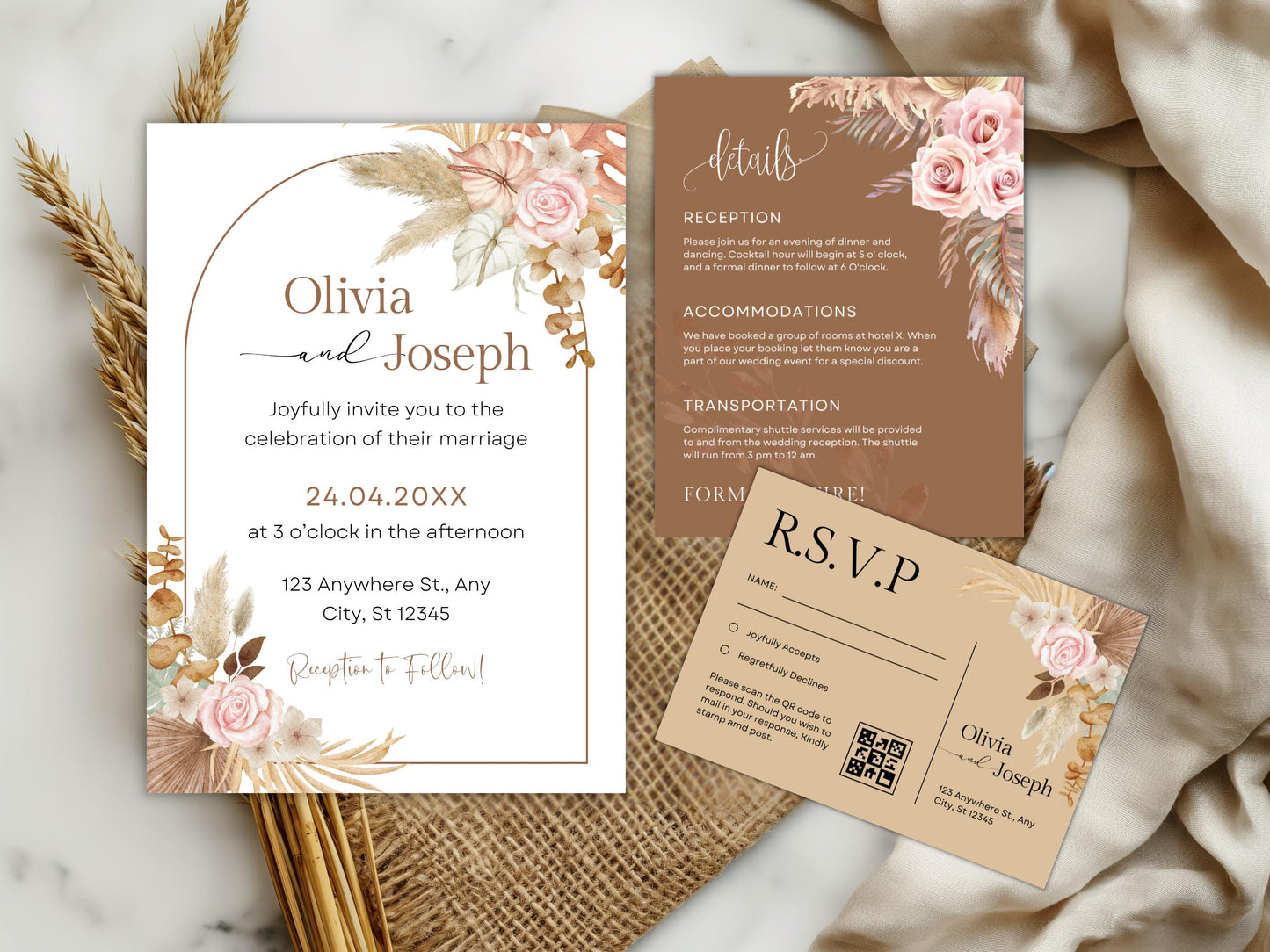 Pink Rose Wedding Invitation Template with RSVP and QR Code (Digital Download)