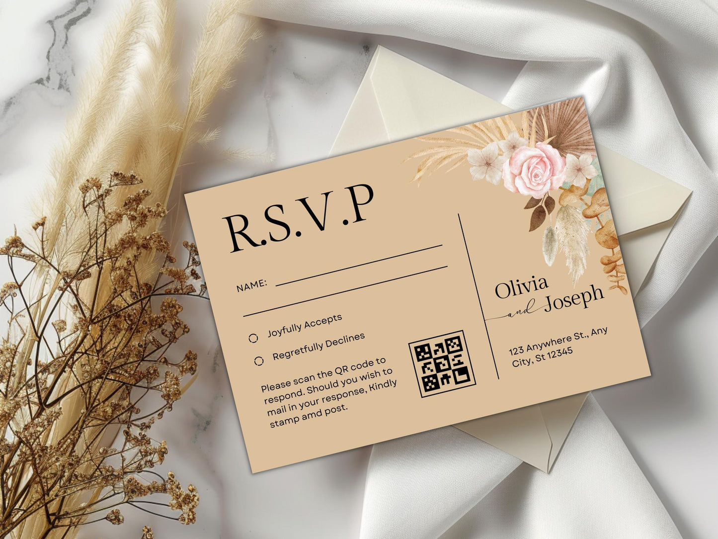 Pink Rose Wedding Invitation Template with RSVP and QR Code (Digital Download)