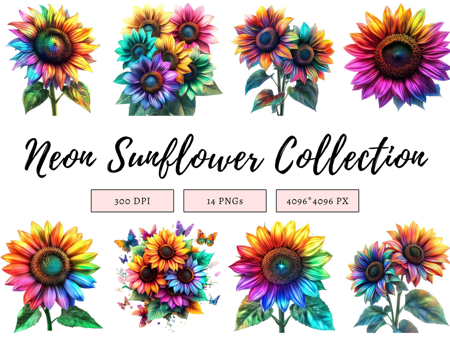 Sonnenblumen-Clipart-Bundle, Neon-Sonnenblumen-Clipart (PNG), Sonnenblume (PNG), Aquarell-Neon-Sonnenblumen-Clipart (PNG), Digitaler Download