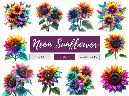 Sonnenblumen-Clipart-Bundle, Neon-Sonnenblumen-Clipart (PNG), Sonnenblume (PNG), Aquarell-Neon-Sonnenblumen-Clipart (PNG), Digitaler Download