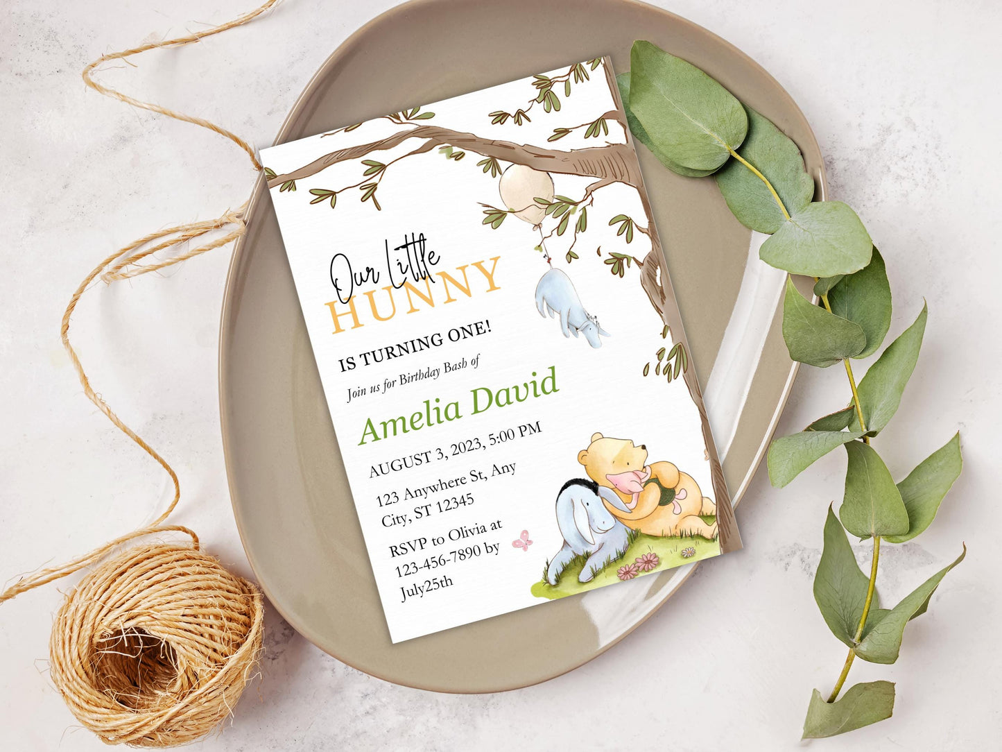 Winnie The Pooh Birthday Invitation Template: Classic 1st Birthday (PDF)