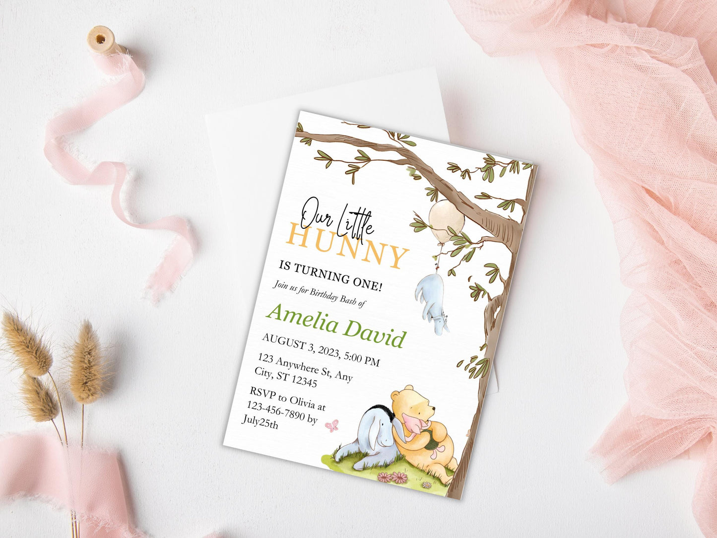 Winnie The Pooh Birthday Invitation Template: Classic 1st Birthday (PDF)