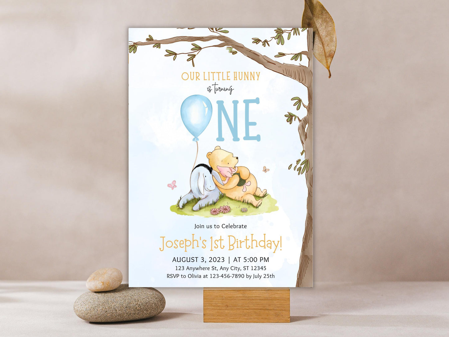 Modèle d'invitation pour le 1er anniversaire de Winnie l'Ourson (Téléchargement numérique)