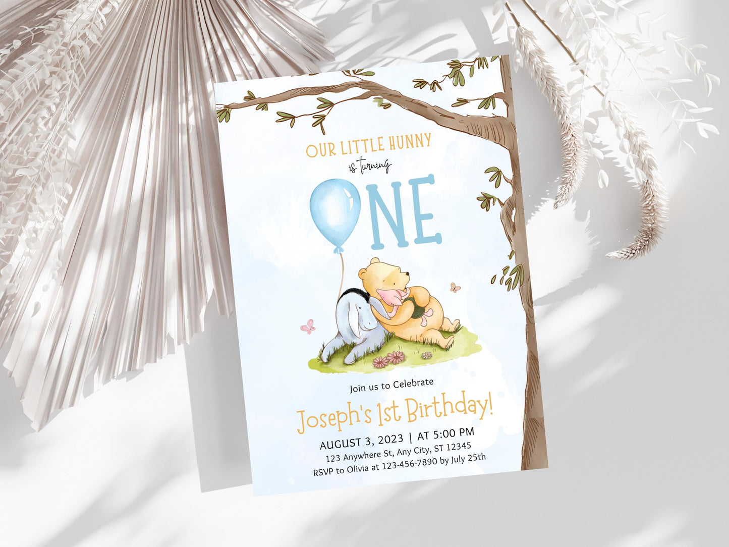 Modèle d'invitation pour le 1er anniversaire de Winnie l'Ourson (Téléchargement numérique)