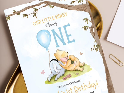 Modèle d'invitation pour le 1er anniversaire de Winnie l'Ourson (Téléchargement numérique)