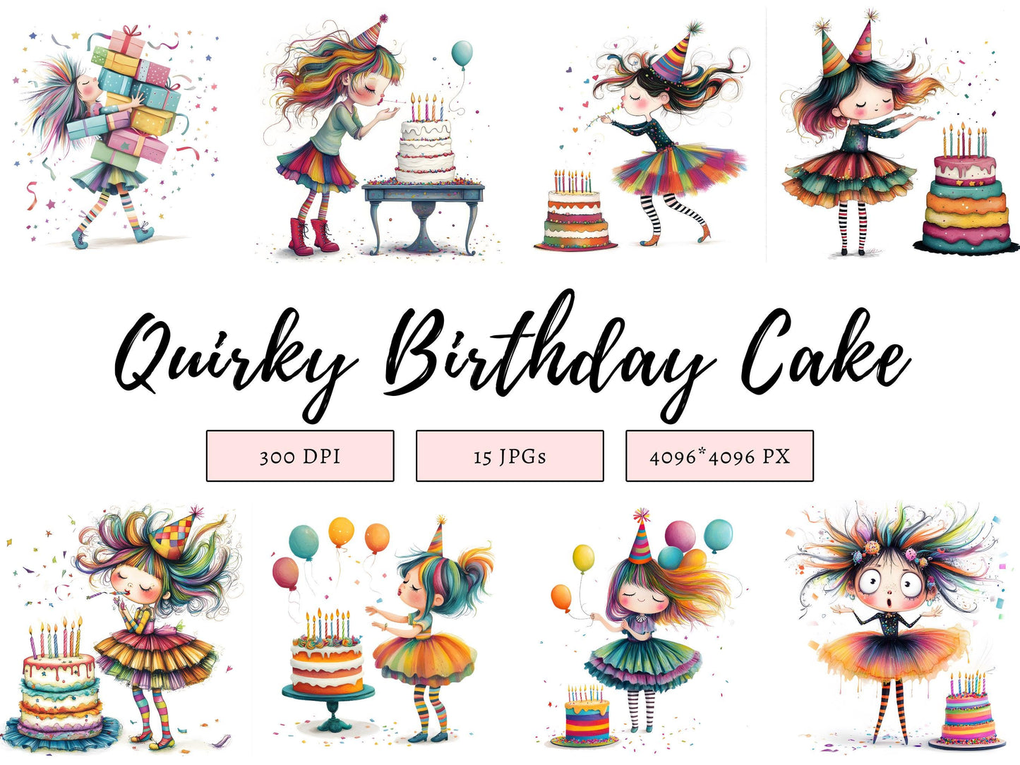 Quirky Birthday Cake Clip Art png Bundle, Watercolor Quirky Birthday Cake Clip Art, Card Making Clipart, Quirky Birthday Girl Clip Art
