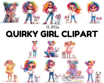 Quirky Girl Clipart Bundle, Cute Girl Clipart, Cute Girl jpg, Watercolor Quirky Girl Clipart, Cute Doll, Whimsical Girl Clipart