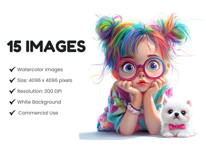 Quirky Girl Clipart Bundle, Cute Girl Clipart, Cute Girl jpg, Watercolor Quirky Girl Clipart, Cute Doll, Whimsical Girl Clipart