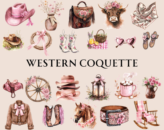 Western Coquette Clipart Bundle, Pink Cowboy Graphics (Digital Download)