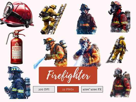 Fire Fighter Clipart png Bundle, Fire Department Clipart, Fire Truck Clipart, Watercolor Fire Fighter Clipart, Fire Man Clipart Bundle