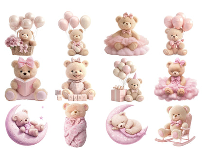 Teddybär-Clipart (PNG), Rosa Teddybär-Clipart-Bundle (PNG), Aquarell-Teddybär-Clipart, Babyparty-Clipart, Niedliche Teddybär-Clipart