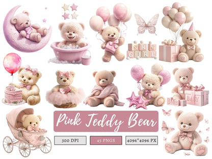Teddybär-Clipart (PNG), Rosa Teddybär-Clipart-Bundle (PNG), Aquarell-Teddybär-Clipart, Babyparty-Clipart, Niedliche Teddybär-Clipart