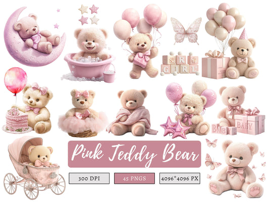 Teddy Bear Clipart png, Pink Teddy Bear Clipart Bundle png, Watercolor Teddy Bear Clipart, Baby Shower Clipart, Cute Teddy Bear Clipart