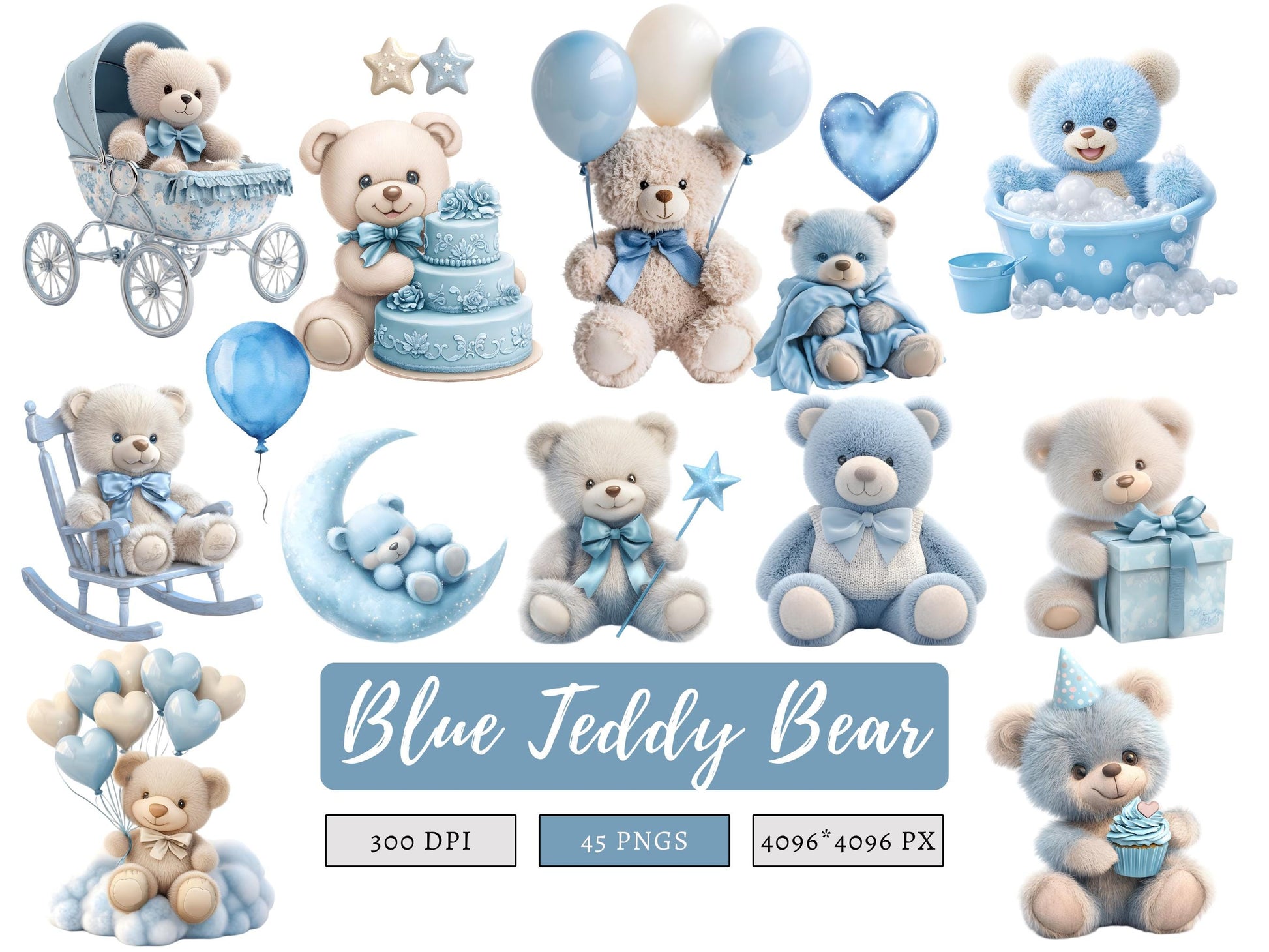 DIY Download Blue Teddy Bear Clipart Bundle