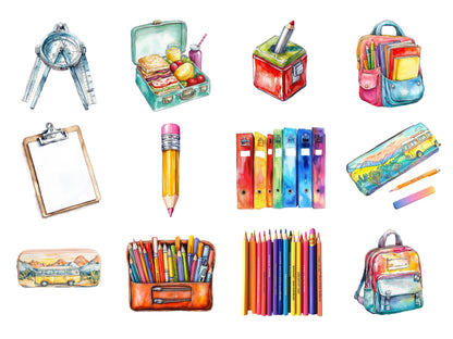 School Supplies Watercolor Clipart, Back To School Clipart, School png Bundle, Paster School Supplies png, School Stationery Clipart png
