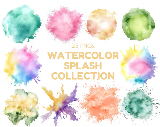 Pastel Watercolor Splash Clipart, PNG Color Clipart (Digital Download)