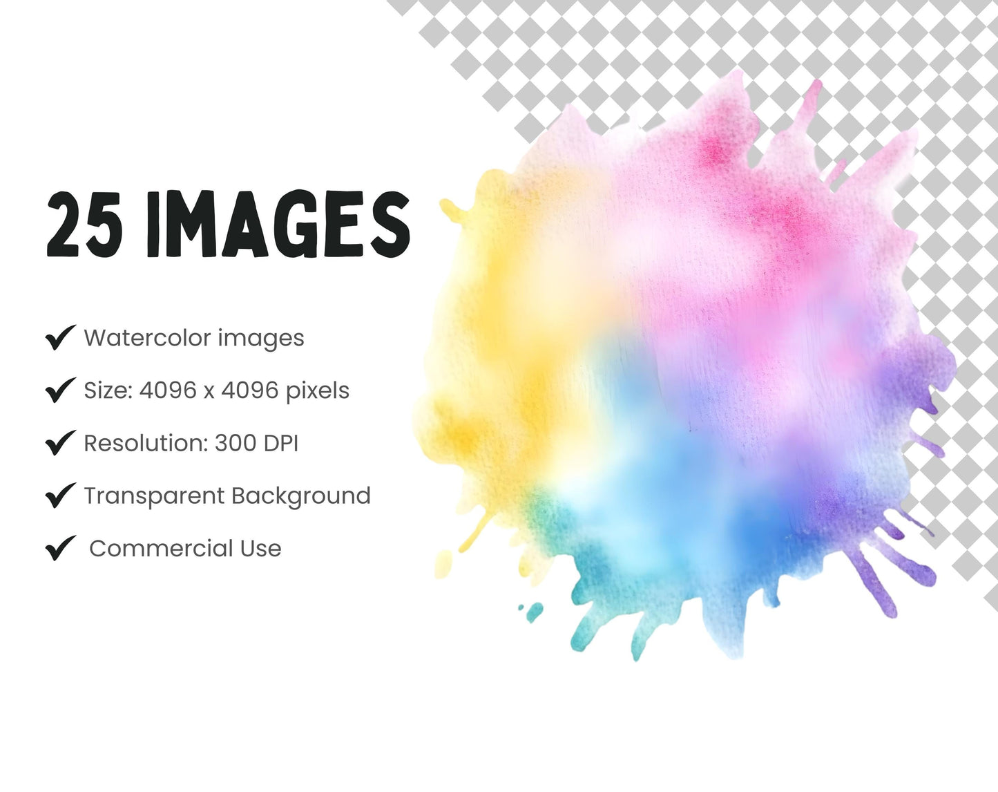 Pastel Watercolor Splash Clipart, PNG Color Clipart (Digital Download)