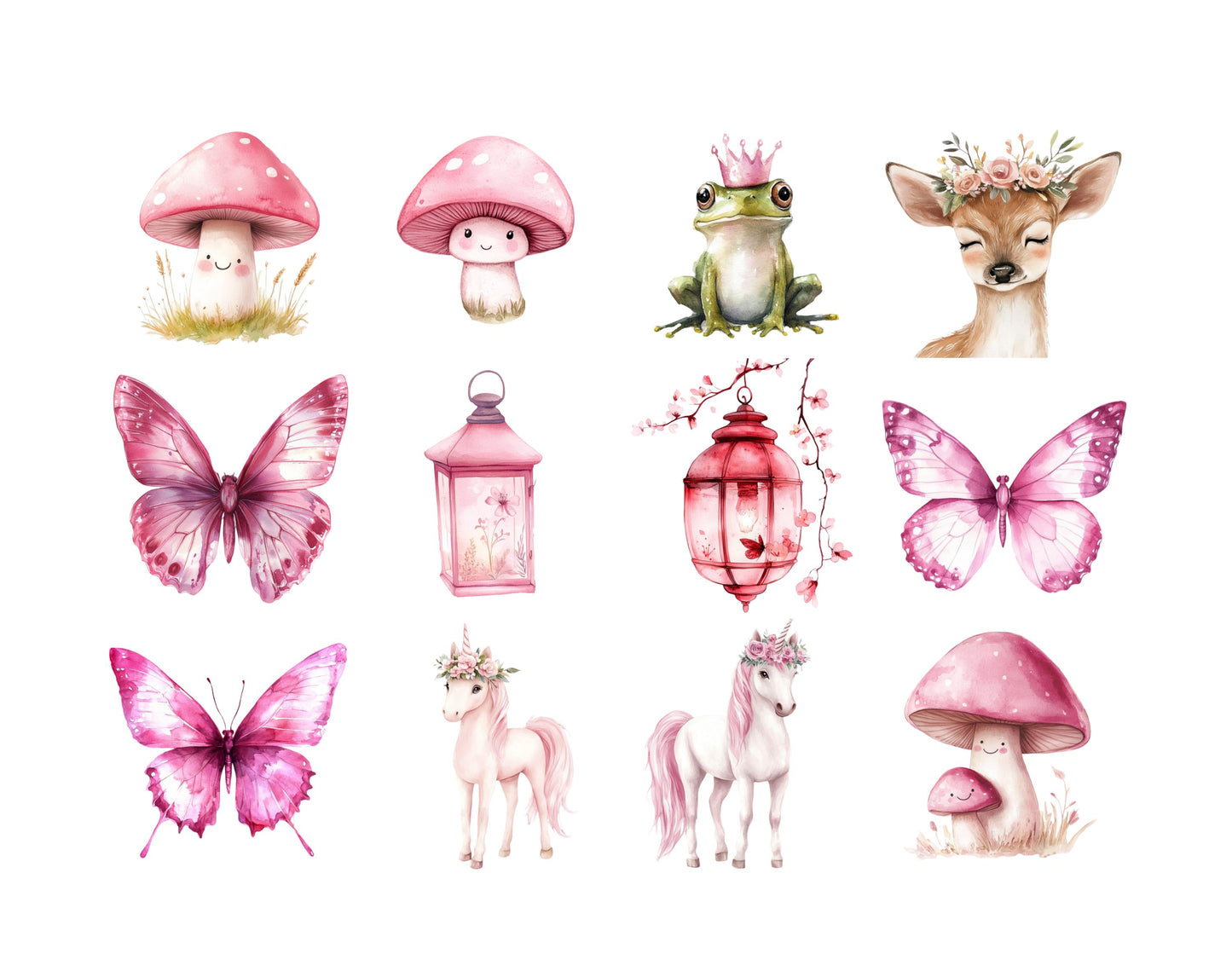 Watercolor Fairy Garden Collection, Pink Fairies Clipart  Bundle, Magical Fairy Garden png, Nursery Décor, Commercial Use, Digital Download