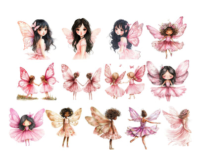 Watercolor Fairy Garden Collection, Pink Fairies Clipart  Bundle, Magical Fairy Garden png, Nursery Décor, Commercial Use, Digital Download