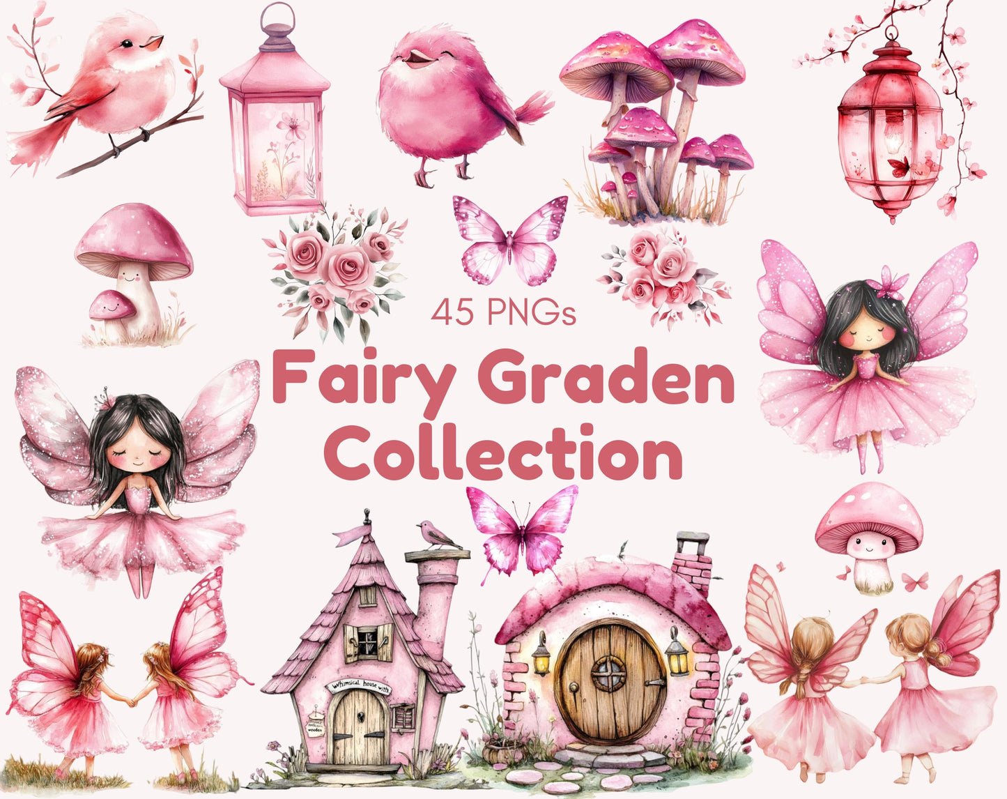 Watercolor Fairy Garden Collection, Pink Fairies Clipart  Bundle, Magical Fairy Garden png, Nursery Décor, Commercial Use, Digital Download