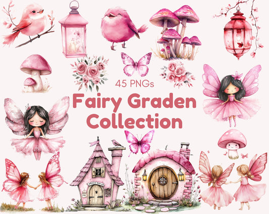Watercolor Fairy Garden Collection, Pink Fairies Clipart  Bundle, Magical Fairy Garden png, Nursery Décor, Commercial Use, Digital Download
