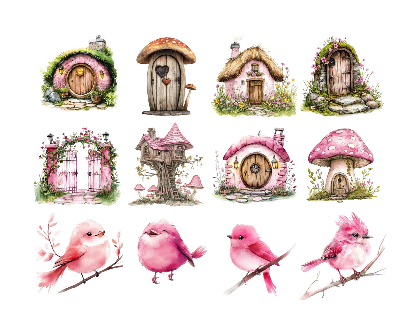 Watercolor Fairy Garden Collection, Pink Fairies Clipart  Bundle, Magical Fairy Garden png, Nursery Décor, Commercial Use, Digital Download