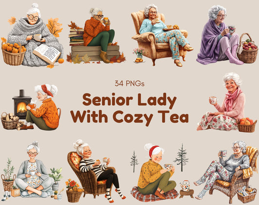 Watercolor Senior Lady Clipart, Cozy Tea Coffee PNG Bundle
