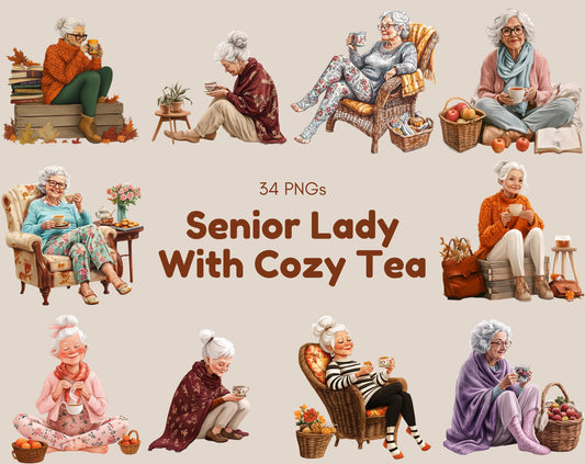 Watercolor Senior Lady Clipart, Cozy Tea Coffee PNG Bundle