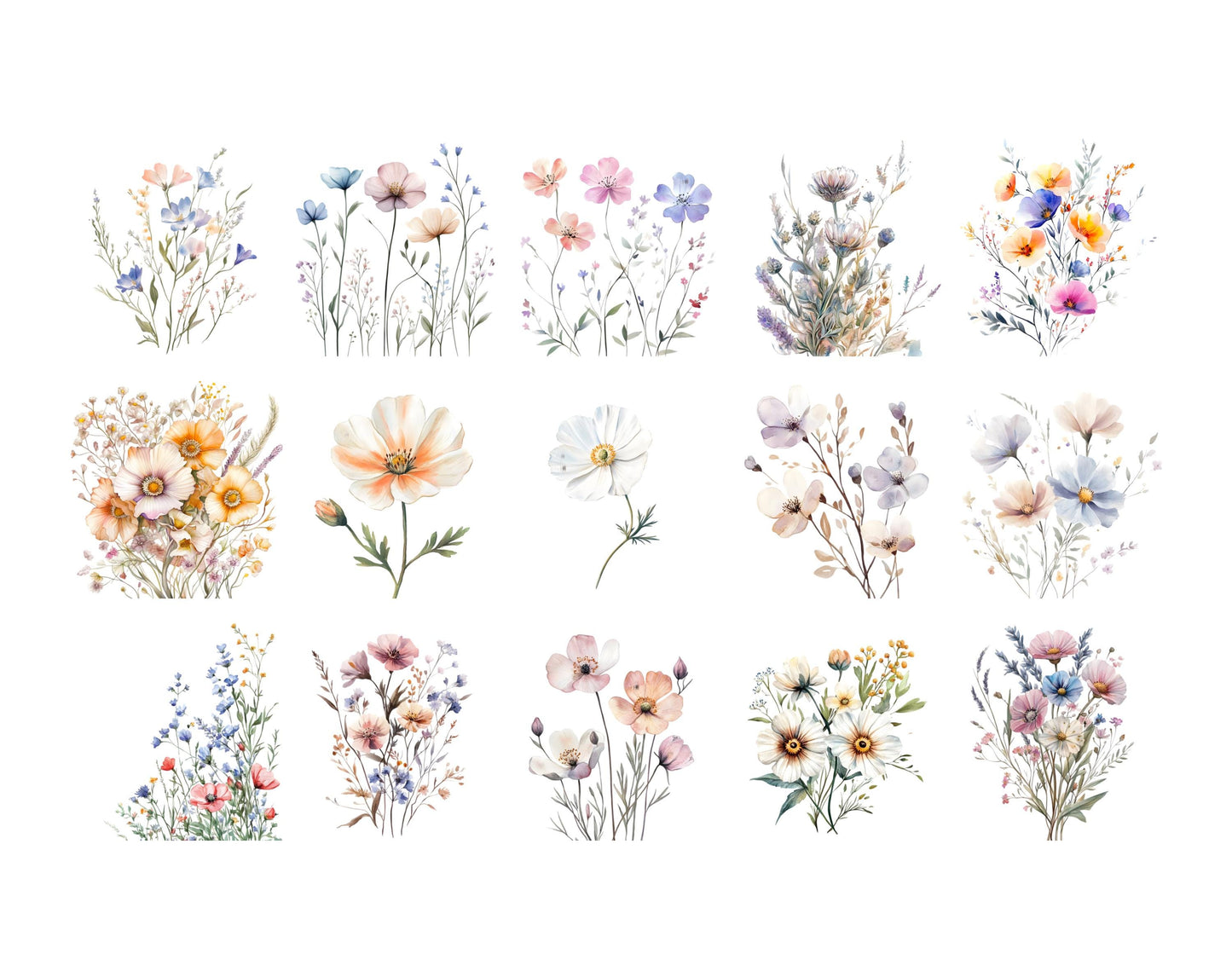 Watercolor Wildflower Clipart Set, Floral Frames, Monogram (PNG Digital Download)