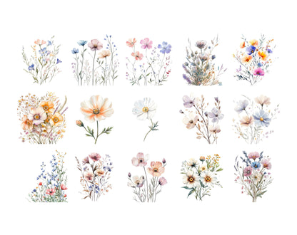Watercolor Wildflower Clipart Set, Floral Frames, Monogram (PNG Digital Download)