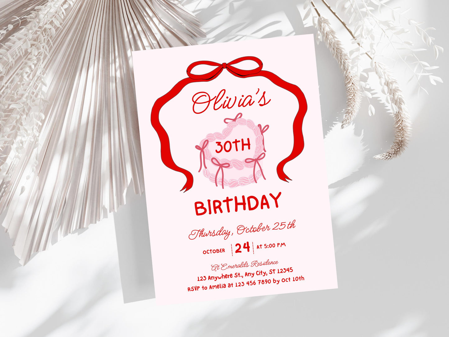 Retro Cake 30th Birthday Invitation Template, Pink Bow Coquette Invite (Editable, PDF)