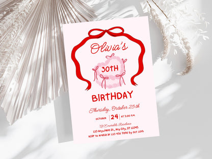 Retro Cake 30th Birthday Invitation Template, Pink Bow Coquette Invite (Editable, PDF)